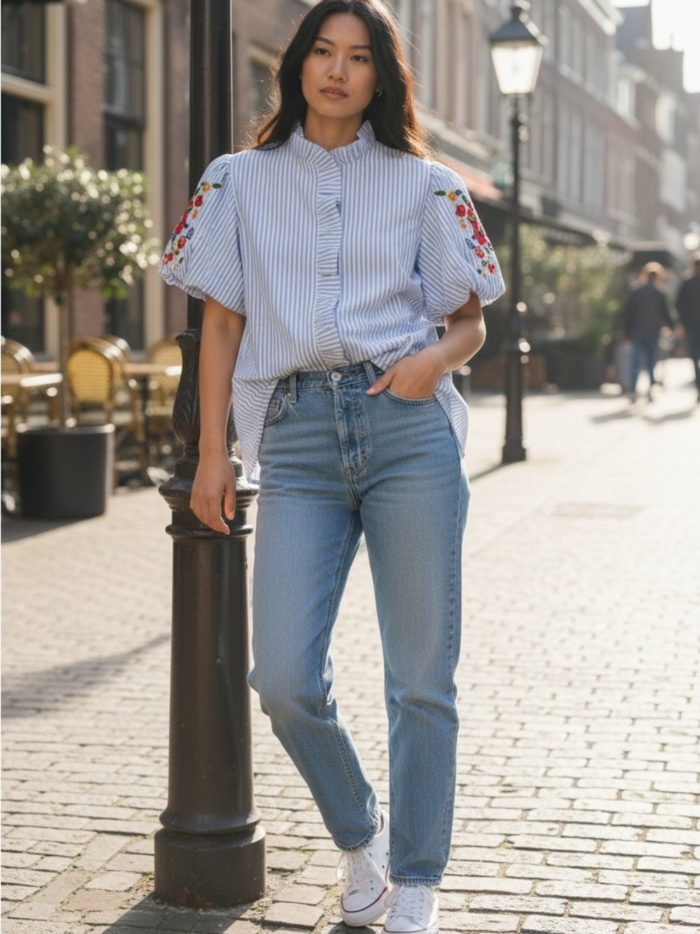 Light Blue Striped Ruffle Front Blouse with Floral Embroidered Sleeves